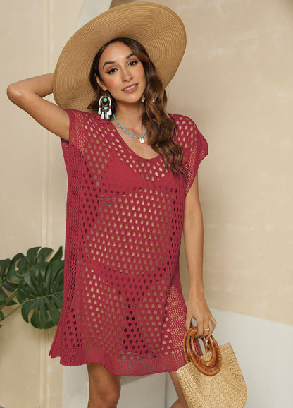 Women Beach Dress Women Clothing Hollow Out Woven Shirt Sexy See through Split Beach Cover Up