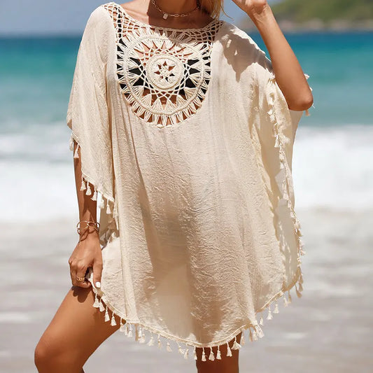 Vacation Hand Crocheting Solid Color Stitching Beach Dress Fimbrilla Sun Protection Short Sexy Beach Blouse Bella Mia