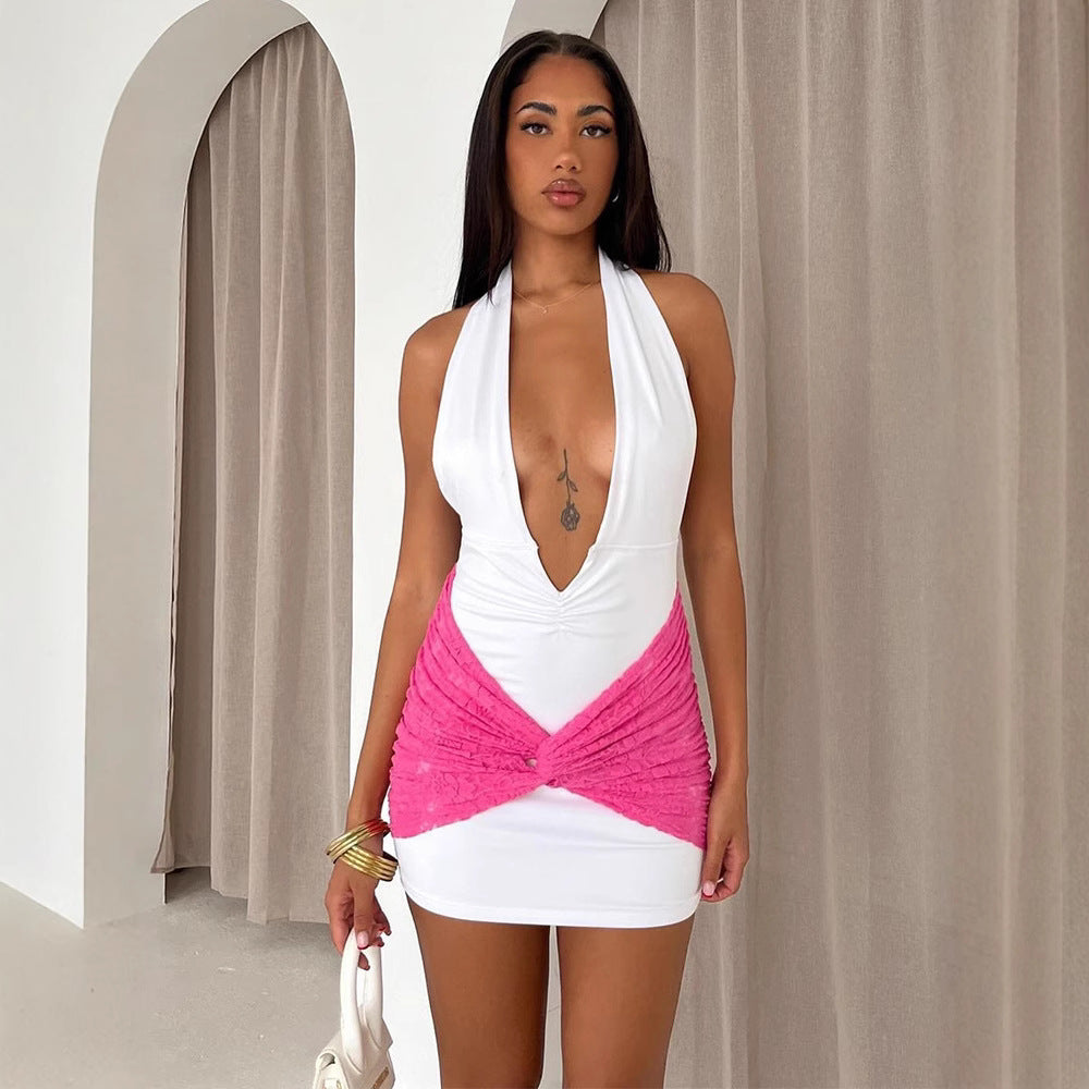 Women V neck Stitching Contrast Color Strap Backless Women V neck Dress Bella Mia