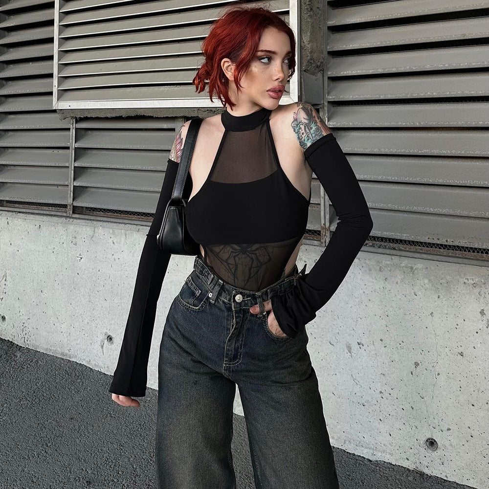 Autumn Winter Sexy Split Long Sleeve Crotch Mesh Hollow Out Cutout High Elastic One Piece Women Top Bella Mia