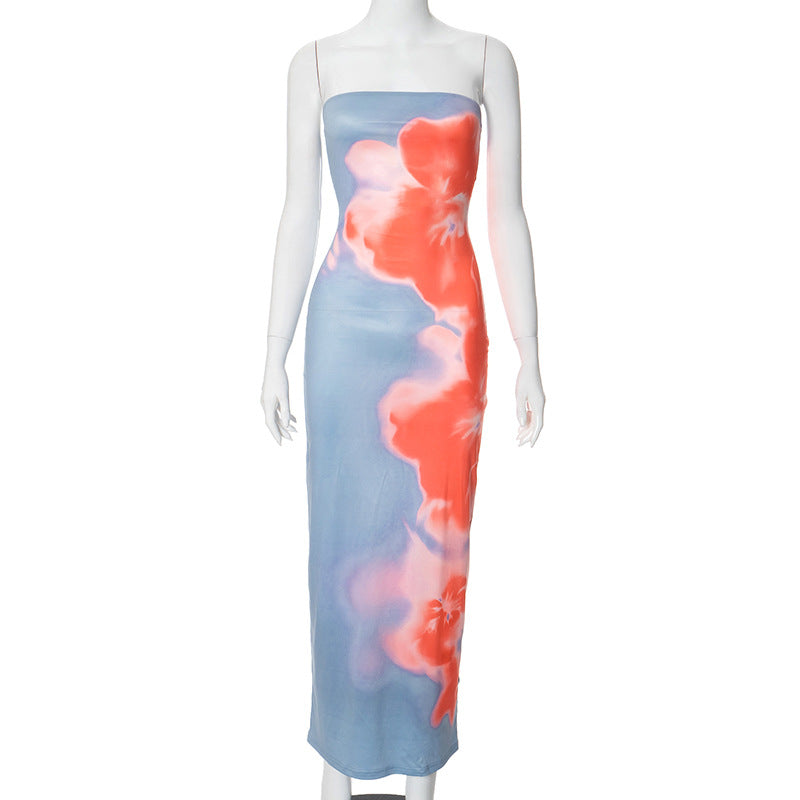 Women Clothing Summer Tube Top Floral Print Slim Fit High Waist Slit Maxi Dress Bella Mia