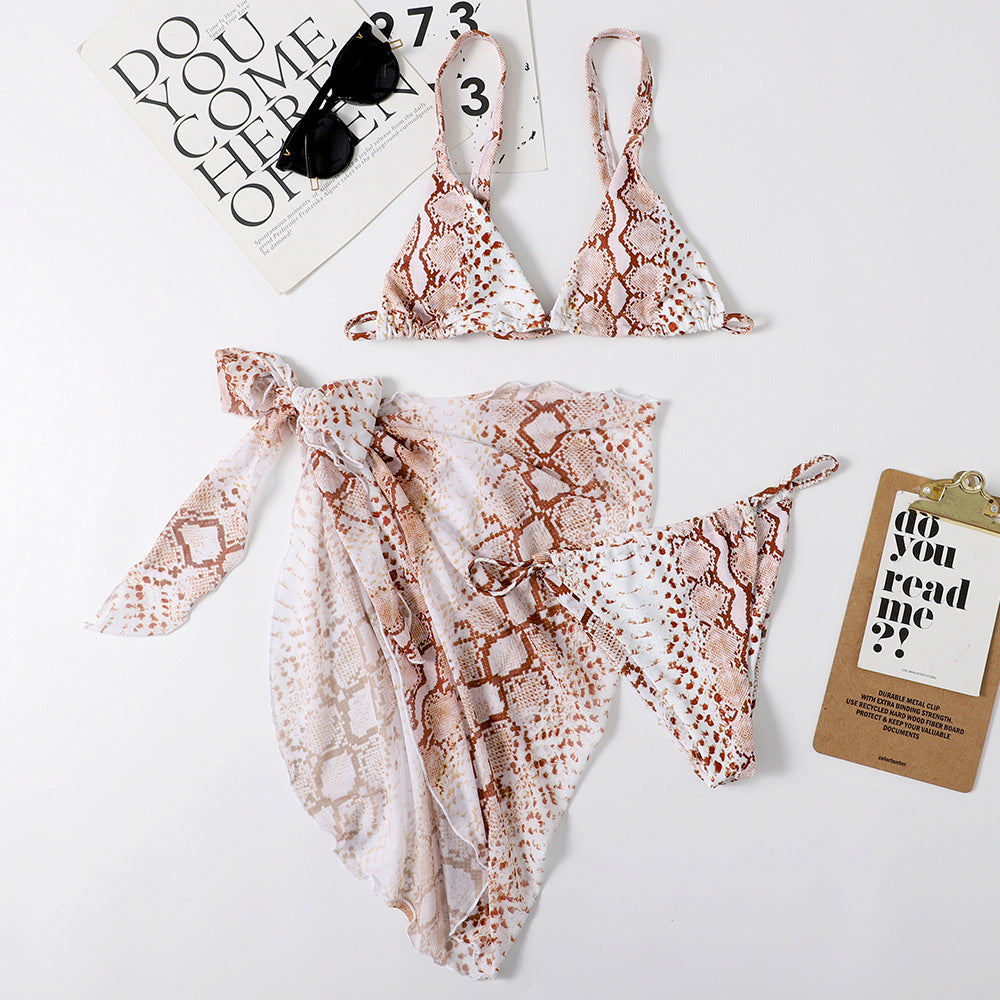 Sexy Women Triangle Split Bikini Mesh Three Piece Suit Crisp Linen Printed Women Swimsuit Bella Mia