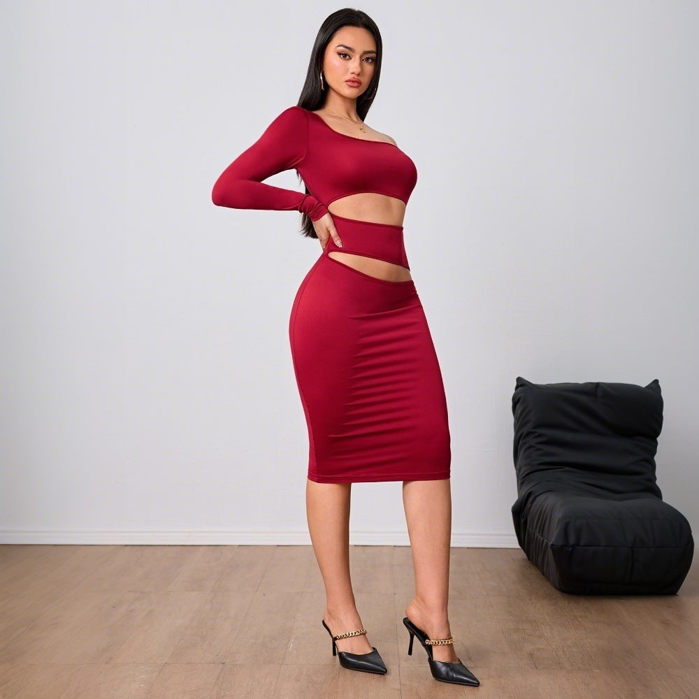 Women Clothing Wine Red Socialite Dress Autumn Winter Single Side Sleeve Midi Dress Bella Mia