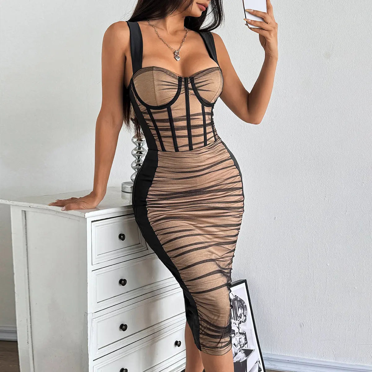 Sexy Adult Lady like Woman Stitching Sheer Mesh Dress Women Sexy Pleated Slim Hip Dress Bella Mia