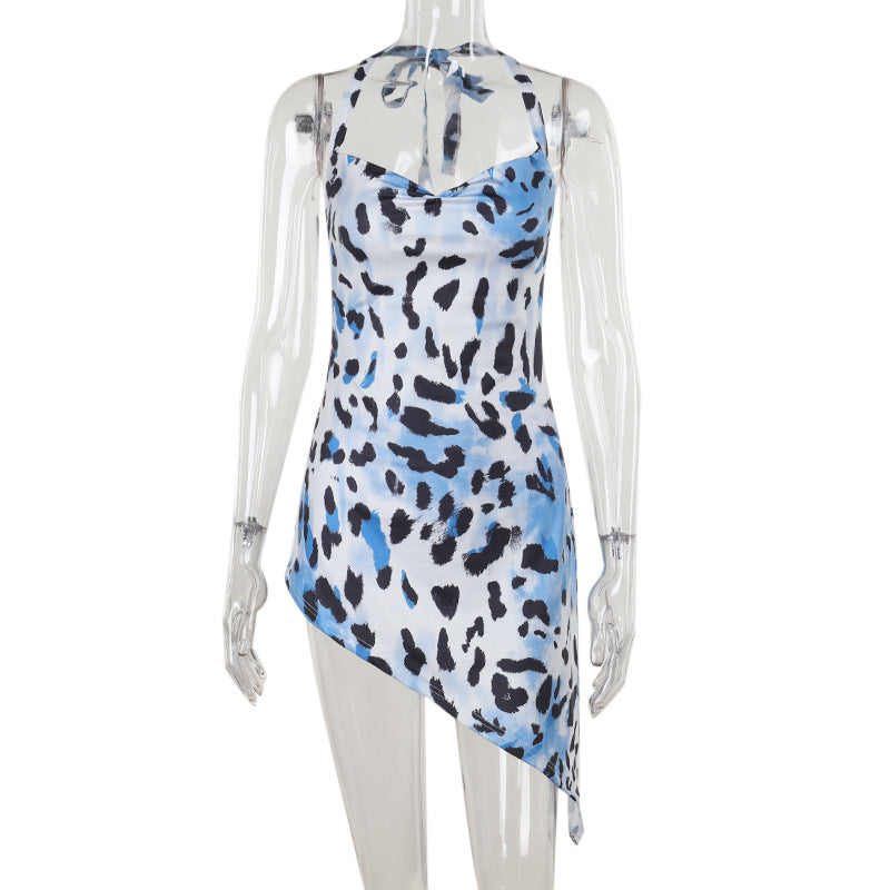 Socialite Elegant Sexy Irregular Asymmetric Leopard Print Halter Dress Women Autumn