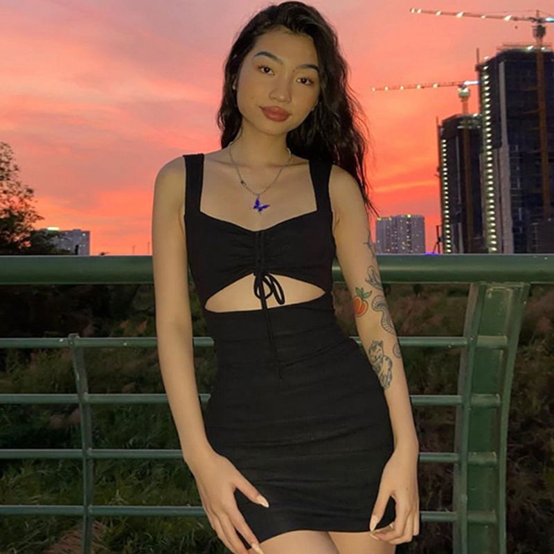 Summer Pleating Solid Color Tied Sexy Tight Sexy Strap Dress Bella Mia