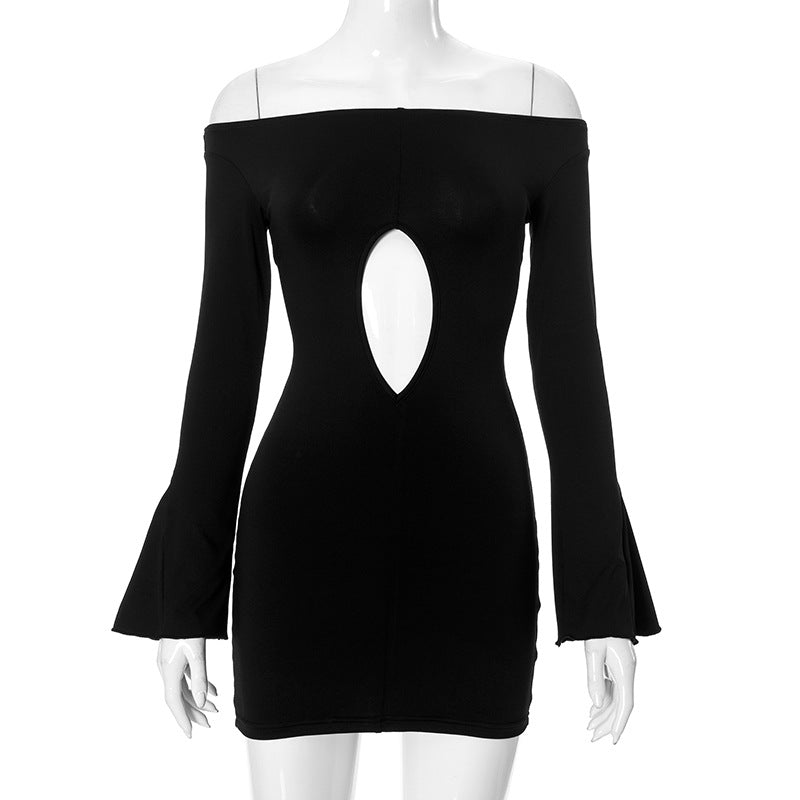 Women Clothing Off Neck Micro Pull Long Sleeve Hollow Out Cutout Out Cropped Hip Wrapped Short Dress Bella Mia