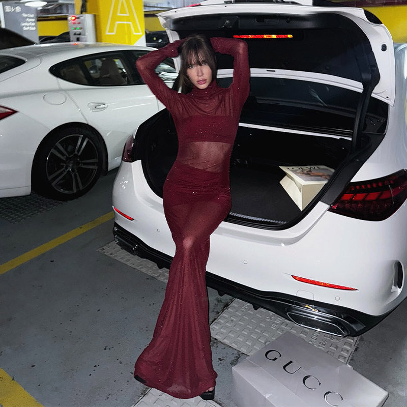 Sexy Half Turtleneck Slim Fit Mesh See through Drilling Dress Outerwear Cover up Bella Mia