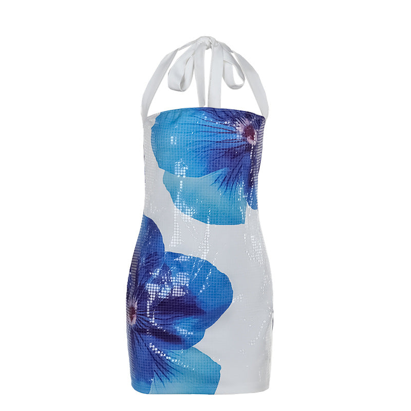 Autumn Socialite Elegant Slim Floral Sequin Halter Hip Wrapped Dress Women Bella Mia