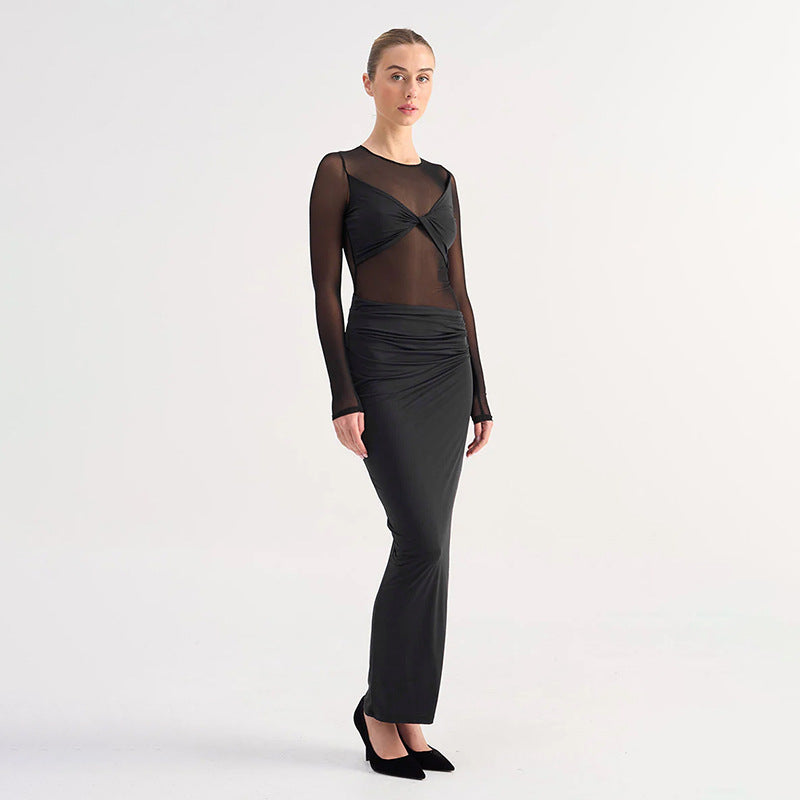 Mesh Stitching Sexy Sheer Long Sleeve Dress Women Maxi Dress Bella Mia