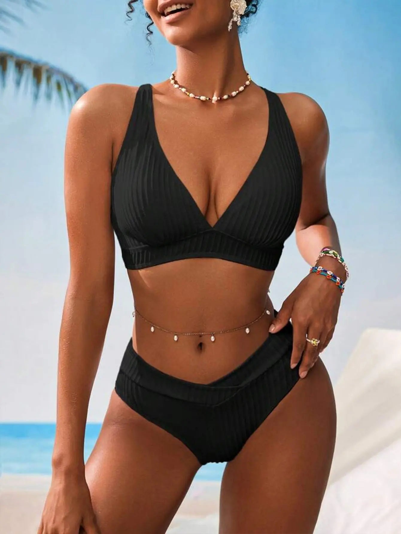 Bikini Solid Color Deep V Plunge Thread Sunken Stripe Sexy Bikini Split Swimsuit Women Bella Mia
