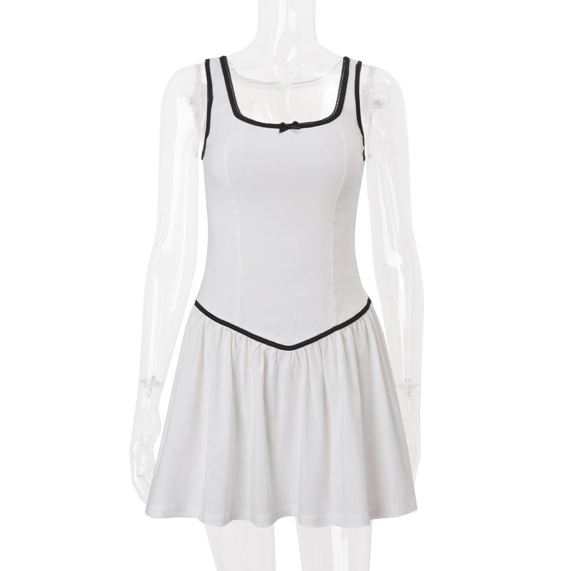 Summer Sexy U Collar Color Contrast I Shaped Backless Waist Trimming Dress Short Dress
