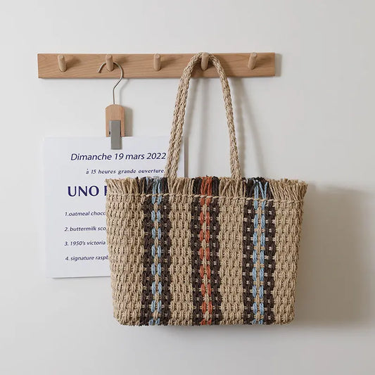 Vertical Stripes Straw Bag Woven Tote Women Large Capacity Beach Shoulder Bag Bella Mia