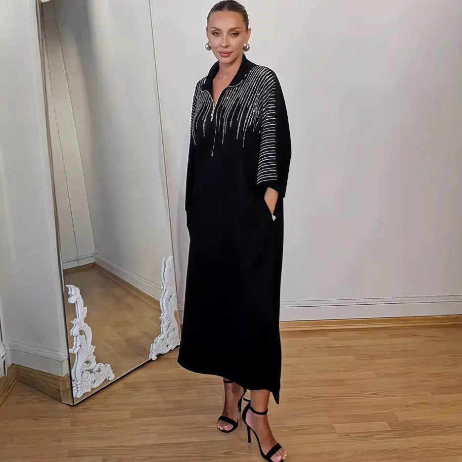 Autumn Printed Collared Maxi Dress For Women With Pockets And Sequin Details Bella Mia