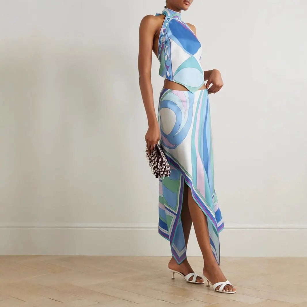 Summer Sexy Positioning Printing Satin Backless Top Irregular Asymmetric Skirt Two Piece Set Bella Mia