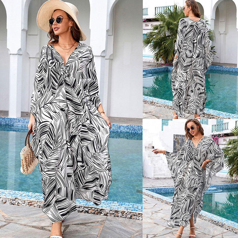 Printed Loose Robe Vacation Maxi Dress Women Beach Jacket Beach Cover Up Bella Mia