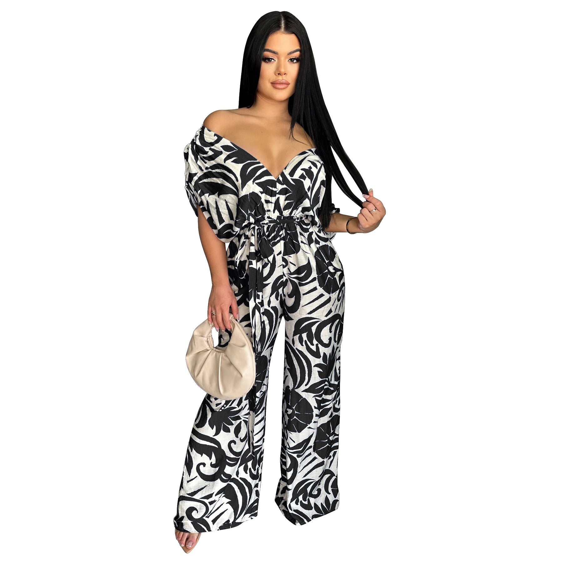 Women Clothing off the Shoulder Batwing Sleeve Wide Leg Printed Jumpsuit Bella Mia
