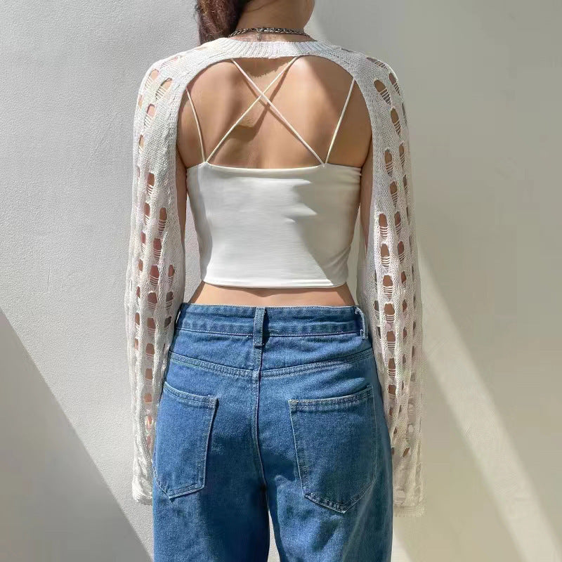 Outerwear Blouse Solid Color Hollow Out Cutout out Long Sleeve Street Trend Waistcoat Top Women Bella Mia