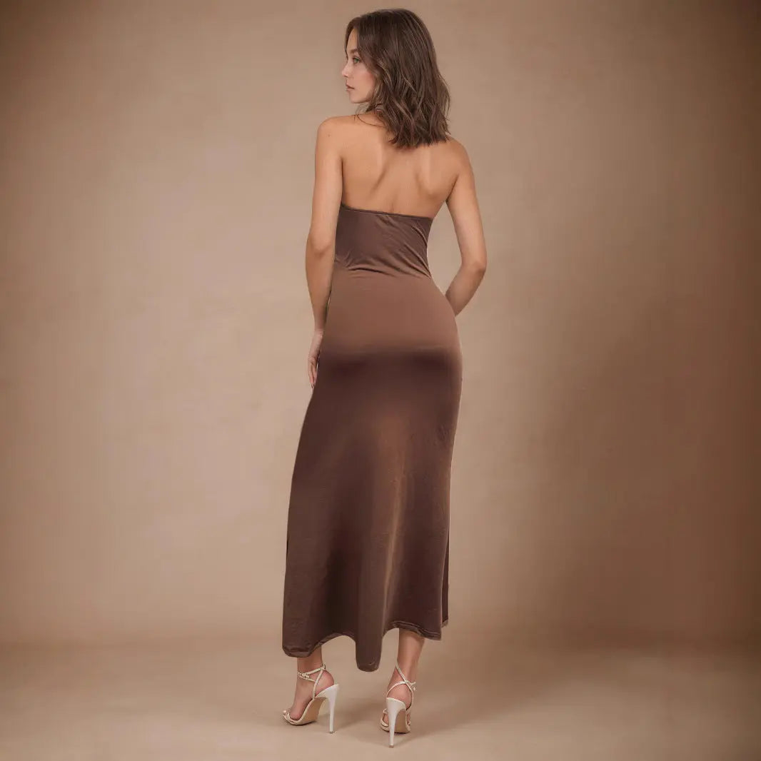 V Neck Halter Maxi Dress For Women Summer Bodycon Polyester Solid Bella Mia