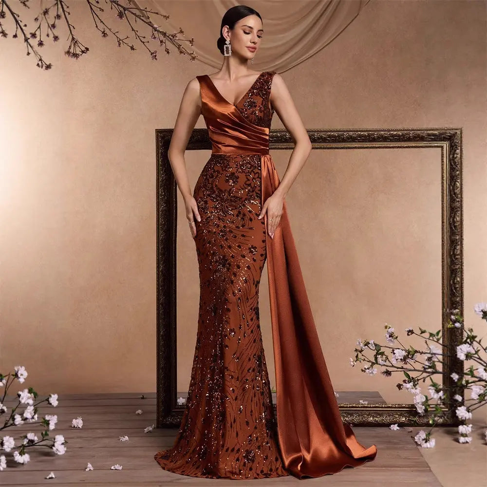 Elegant Satin Sequin V Neck Maxi Dress Sleeveless A Line Cocktail Party Formal Bella Mia