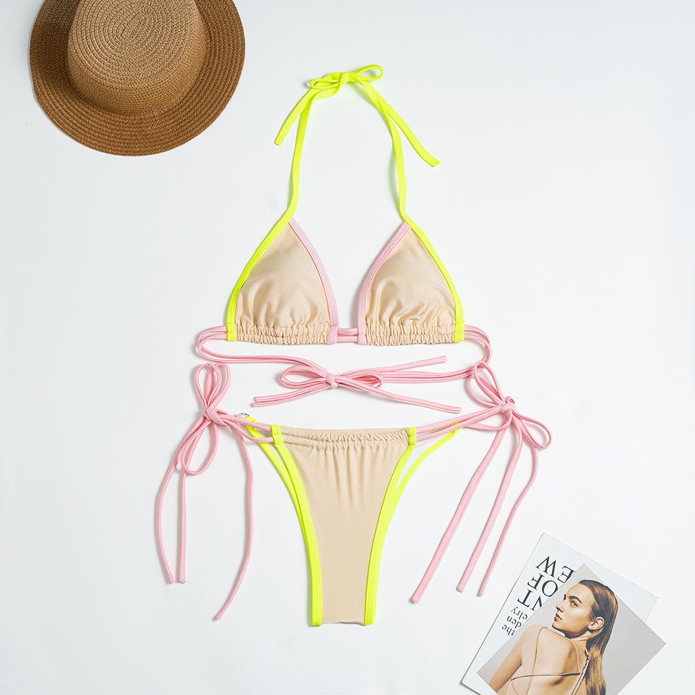 Solid Color Nylon Split Swimsuit Women Sexy Color Block Banded Bikini Bella Mia