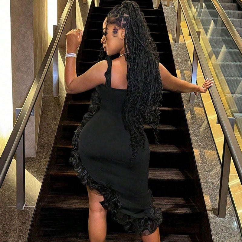 Sexy Sheath Flying Sleeve Spaghetti Strap Ruffle High Slit Lotus Leaf Trim Slim Fit Ladies Dress Bella Mia