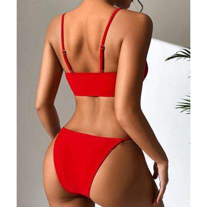 Solid Color Drawstring Lace Sexy High Waist Split Swimsuit Bikini Swimsuit Women