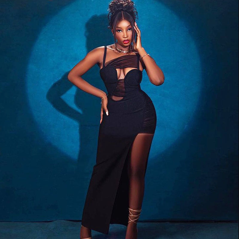 Sexy Cutout Dress Mesh Stitching Mid Length Slit Sheath Dress Solid Color Pullover Dress Gown Bella Mia