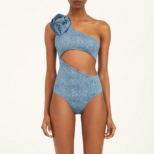 Popular Floral Decoration One Shoulder Hollow Out Cutout Soft Denim One Piece Swimsuit Women Bella Mia