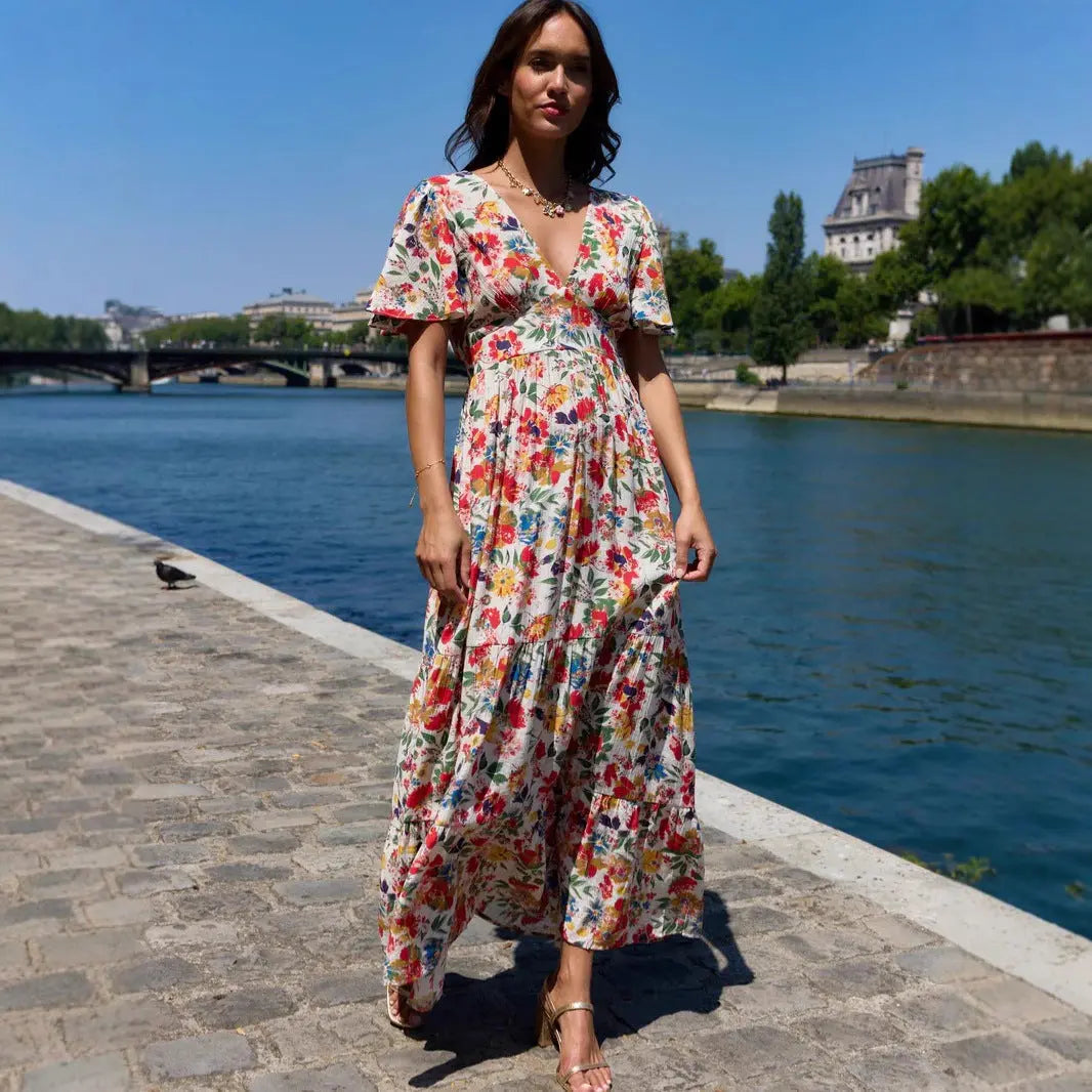 Autumn Floral V Neck Butterfly Sleeve Maxi Dress Cutouts Bella Mia