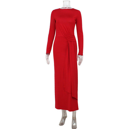 Round Neck Long Sleeve Bare Back Waist Controlled Lace up Elegant Slim Red Carpet Dress