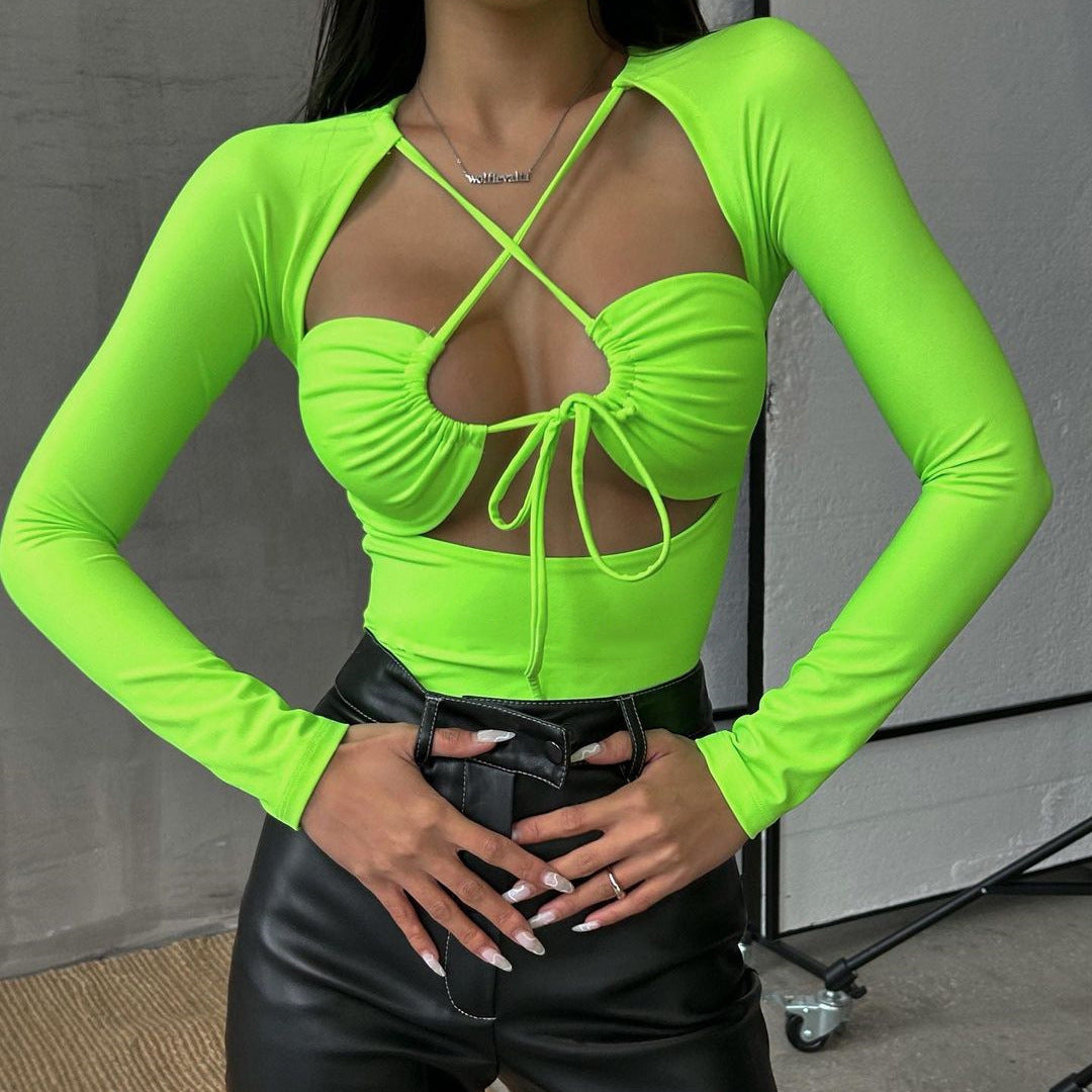 Summer Women Sexy Sexy Hollow Out Cutout out Strap Slim Solid Color Long Sleeve Jumpsuit Women Bella Mia