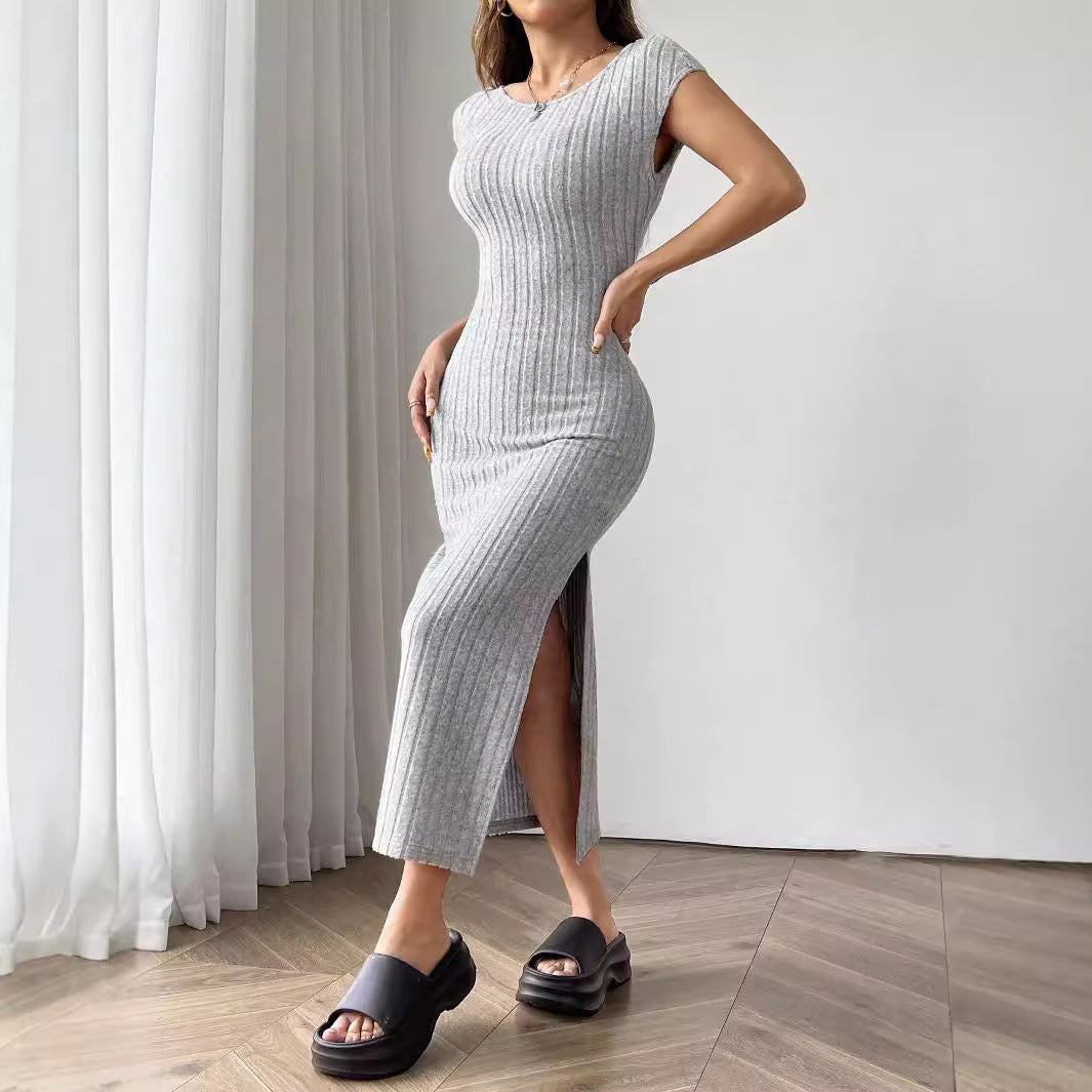 Women Clothing Summer round Neck Short Sleeve Backless Sexy Slit Dress Bella Mia