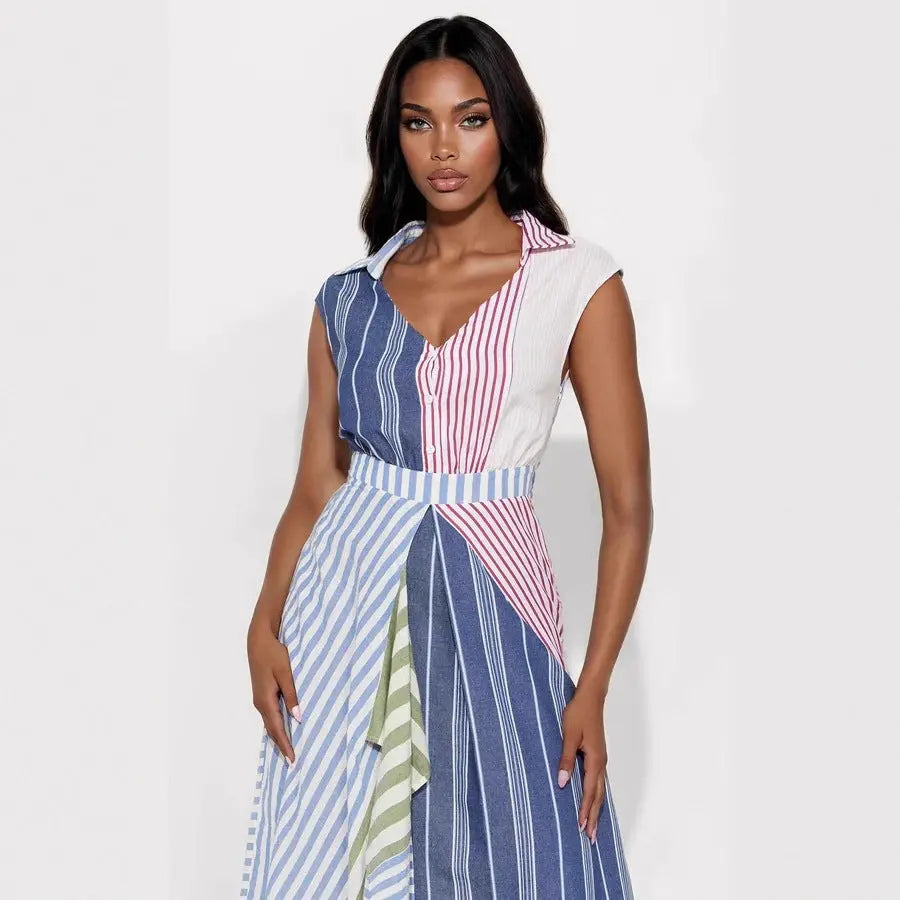 Women V Neck Maxi Dress Patchwork Stripes A Line Cinched Waist Sleeveless Bella Mia