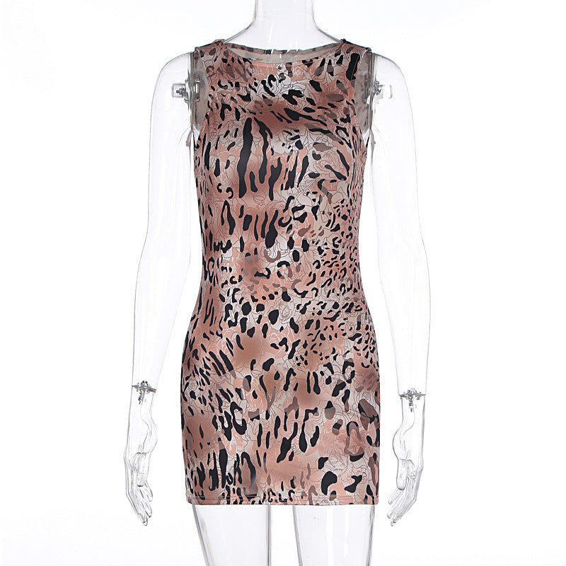 Women Clothing Summer Sexy Sleeveless Leopard Print Slim Fit Hip Wrapped Short Dress Bella Mia