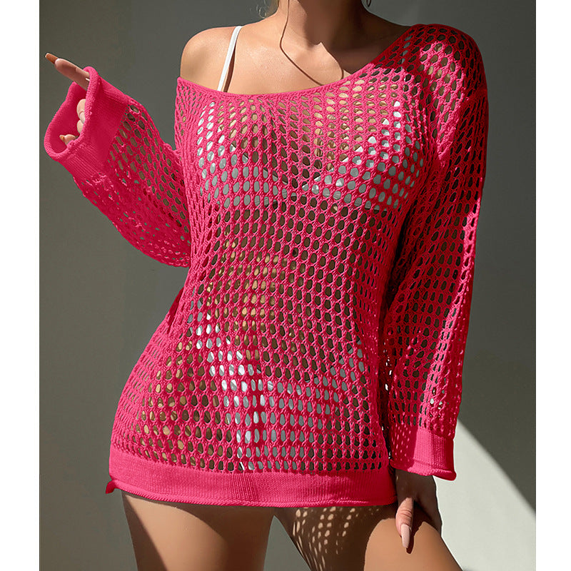 Summer Vacation Sexy Cutout Big round Neck Loose Pullover Bikini Sunscreen Knitted Beach Cover up Crochet hook Bella Mia