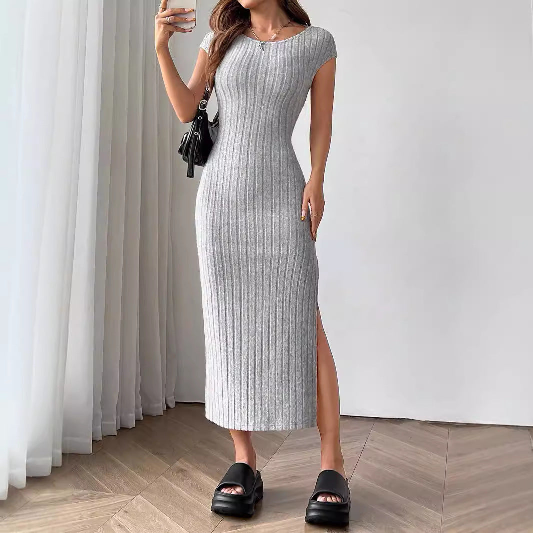 Women Clothing Summer round Neck Short Sleeve Backless Sexy Slit Dress Bella Mia