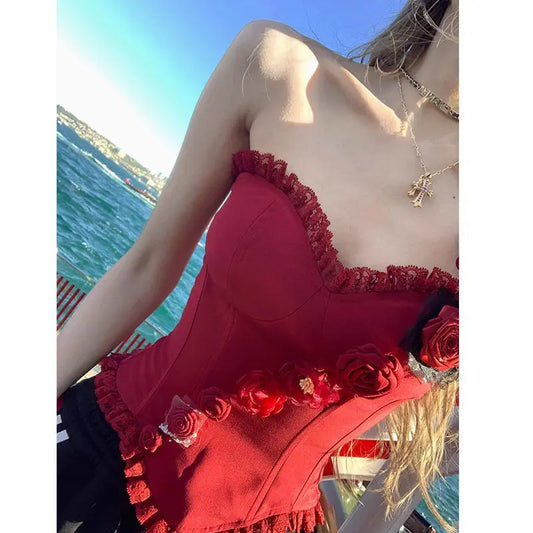 Red 3D Lace Boning Backless Tube Top Corset For Women Sexy Slim Fit Bella Mia