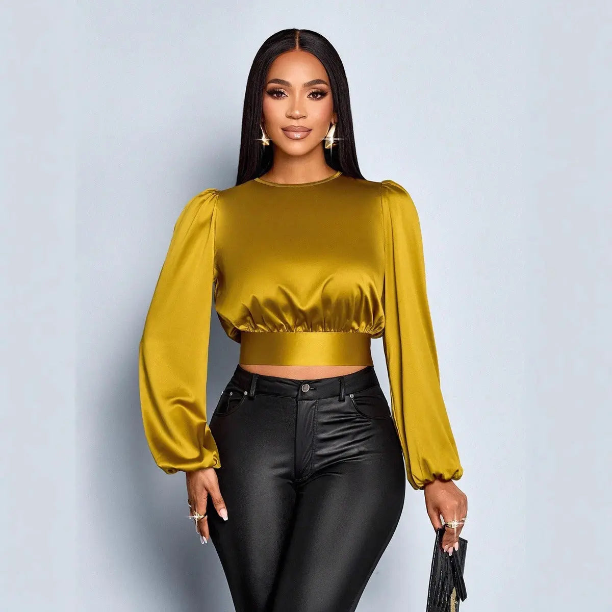 Leopard Print Satin Cropped Blouse Women Backless Sexy Ruched Tie Top Bella Mia