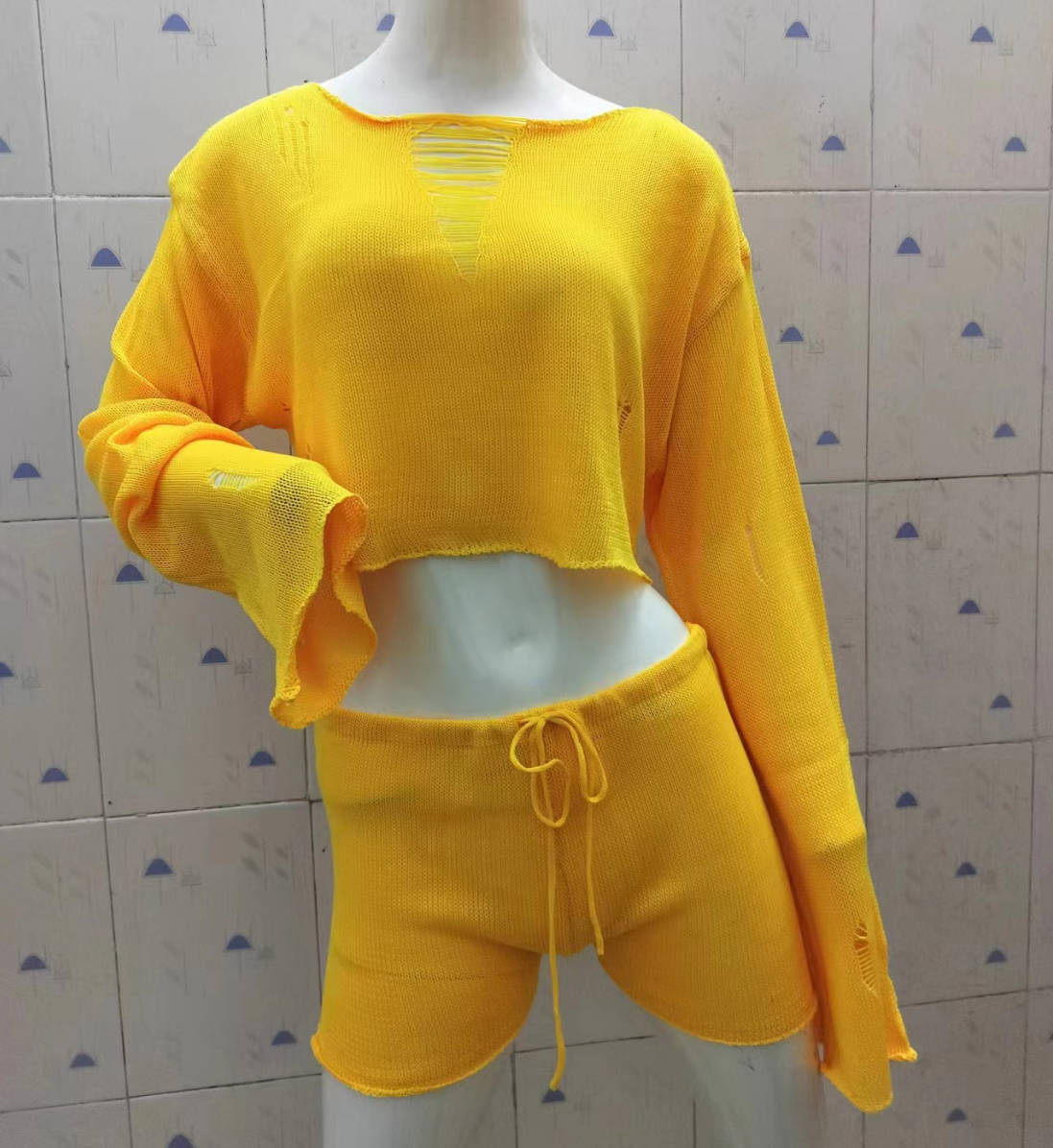 Knitted Two Piece Women Spring Summer Seaside Vacation Sun Protection Short Top Sexy Shorts Suit Bella Mia