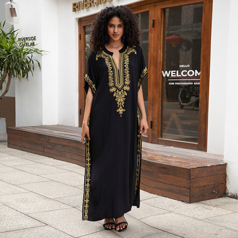 Rayon Embroidered Holiday Loose Jumpsuit Long Robe Beach Sun Protection Maxi Dress Beach Cover Up Bella Mia