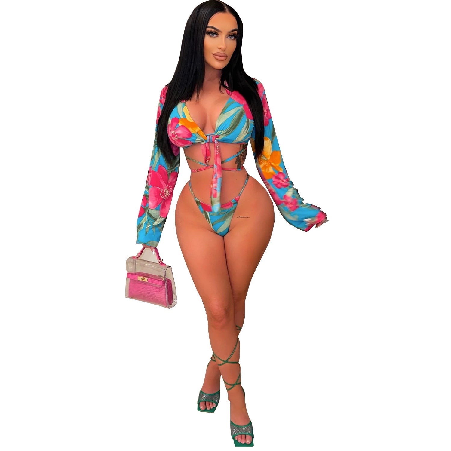 Summer Women Clothing Sexy Print Lace up Bikini Three Piece Set Bella Mia