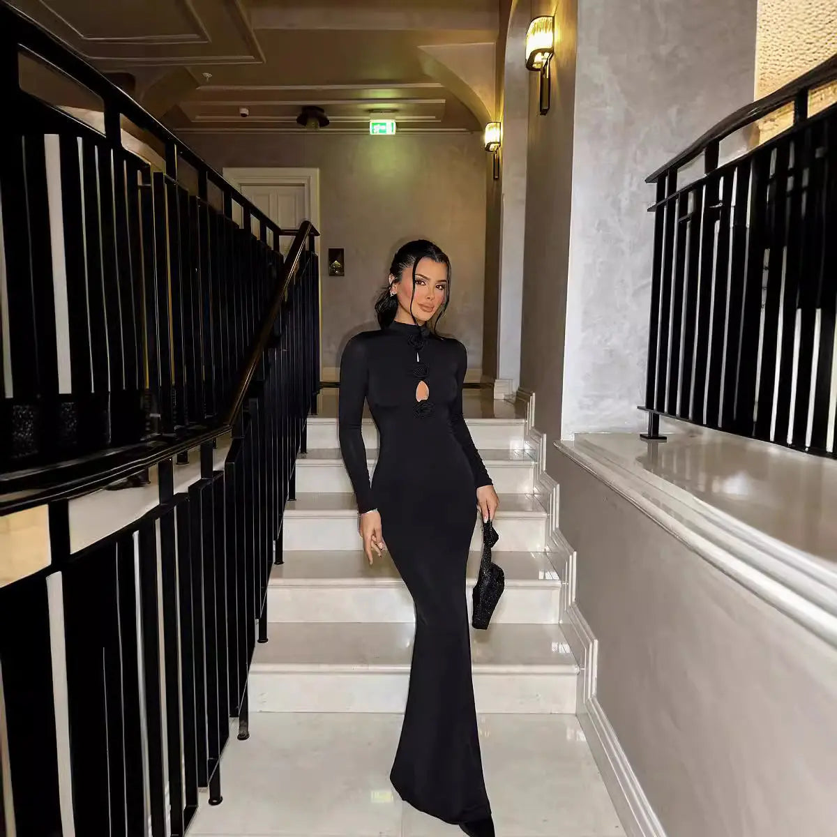 White Socialite Maxi Dress With Cutout Front Tie 3D Floral Long Sleeve Bella Mia