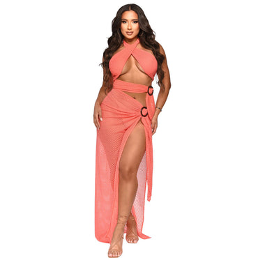 Sexy Halter Mesh Slim Fit High Slit Dress Women Solid Color