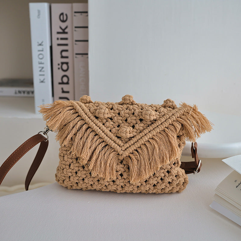 Beanie Crossbody Cotton Thread Woven Bag Women Tassel Bag Cover Shoulder Straw Bag Vacation Beach Bag Bella Mia