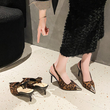 Hollow Out Cutout Pointed High Heel Back Open Shoes Women Stiletto Leopard Print Sandals