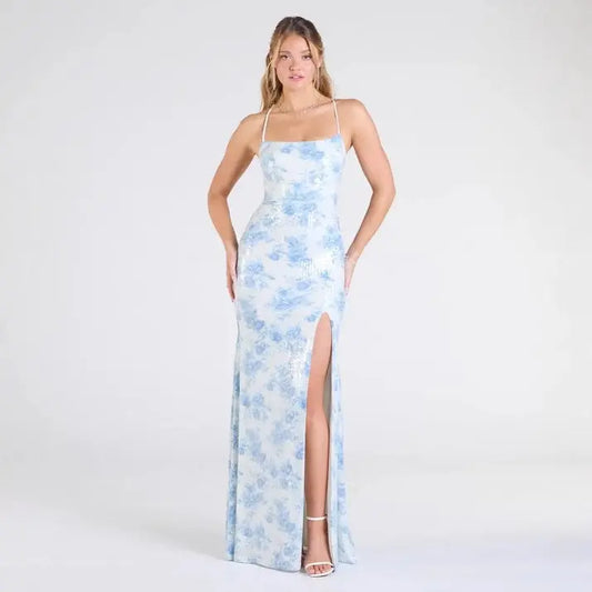 Floral Spaghetti Strap Maxi Dress With Split And Zipper Backless Eveningwear Bella Mia