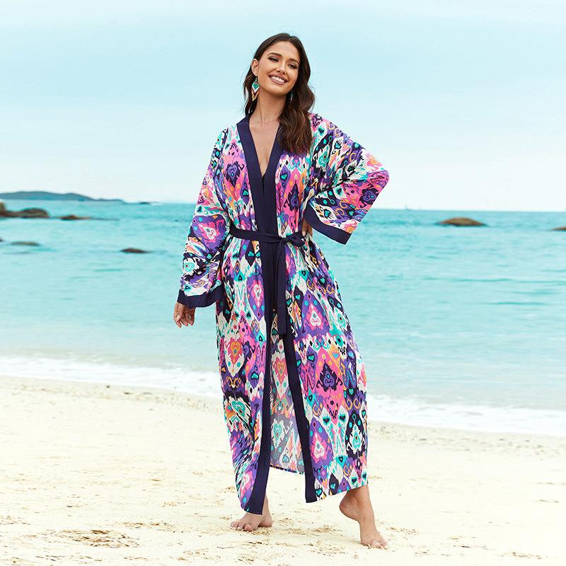 Rayon Printed Beach Cover up Sexy Cardigan Loose Vacation Sun Protection Shirt Beach Cover Up Bella Mia