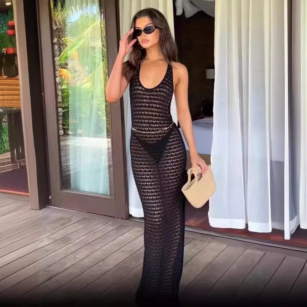 Sexy Hollow Out Cutout Beach Dress Summer Backless Seaside Vacation Sun Protection Knitted Dress Beach Cover Up Women Bella Mia