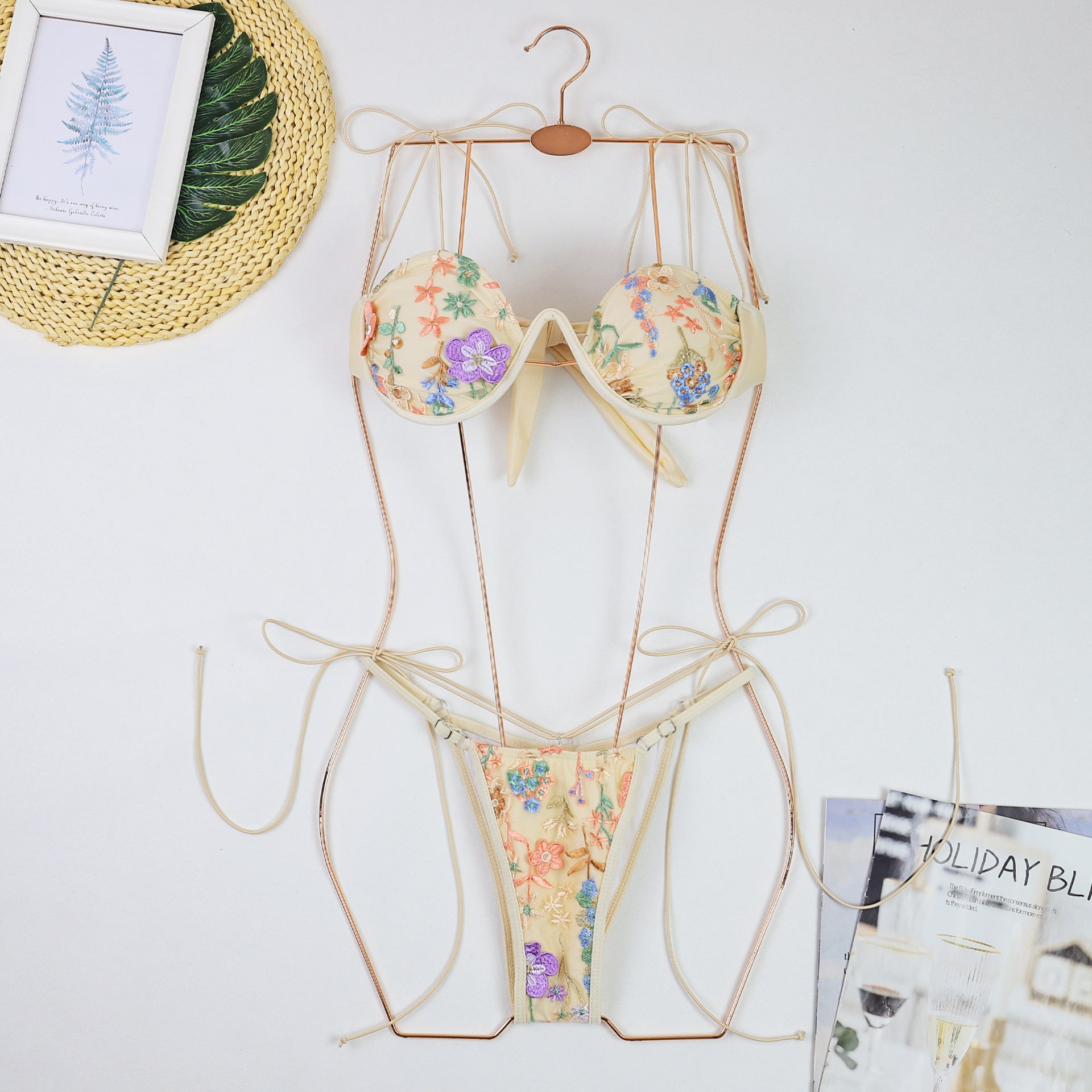 Embroidery Push up Bikini Swimsuit Women Sexy Thin Strap Three Point Steel Bracket Split Swimsuit Bella Mia